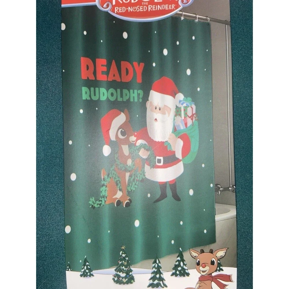 Rudolph The Red Nosed Reindeer Christmas Fabric Shower Curtain 70”x72” Santa NEW